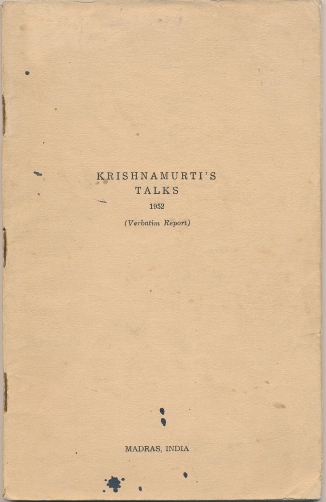 Item #16833 Krishnamurti's Talks, Madras, India 1952 ( Verbatim Report ). J. KRISHNAMURTI.