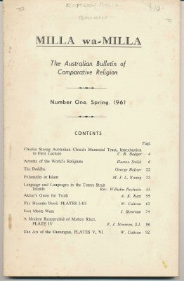 Item #29115 Milla wa-Milla. The Australian Bulletin of Comparative Religion. Number One, Spring, 1961. John BOWMAN.