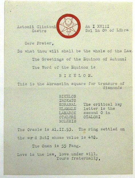 Item #32229 A single page typed document, announcing the 'Word of the Equinox' for the autumnal Equinox: September 1944. Aleister CROWLEY.