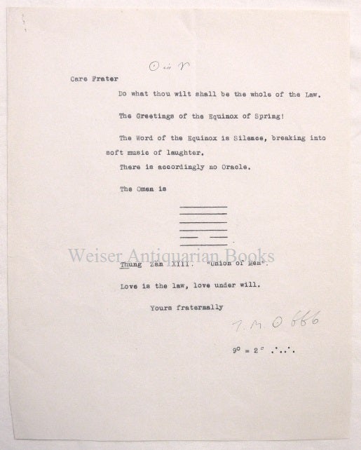 Item #32237 A single-sided typed document, signed, announcing the 'Word of the Equinox' for March 1933. Aleister CROWLEY.