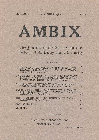 Item #34365 AMBIX. The Journal of the Society for the History of Alchemy and Chemistry. Vol. XXXIV, No. 3. November 1987. Dr. M. A. SUTTON.