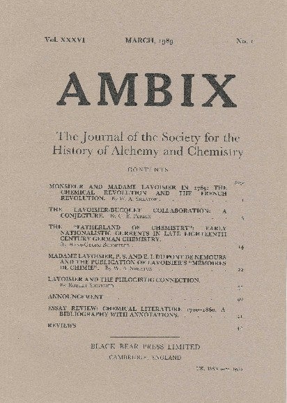 Item #34369 AMBIX. The Journal of the Society for the History of Alchemy and Chemistry. Vol. XXXVI, No. 1. March 1989. Dr. M. A. SUTTON.