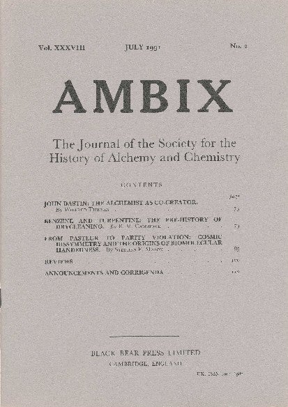 Item #34374 AMBIX. The Journal of the Society for the History of Alchemy and Chemistry. Vol. XXXVIII, No. 2. July 1991. Dr. M. A. SUTTON.
