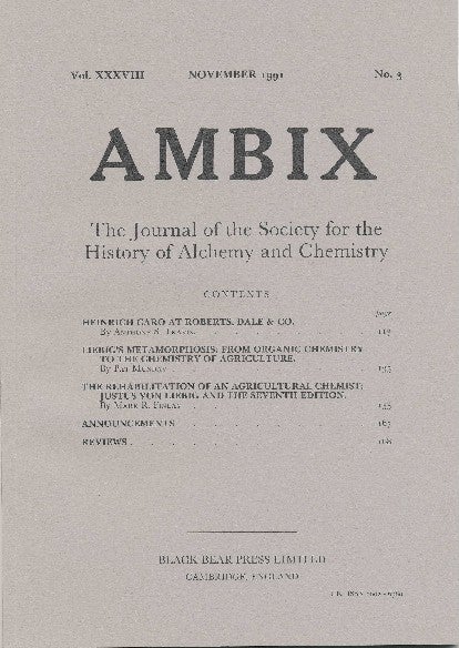 Item #34375 AMBIX. The Journal of the Society for the History of Alchemy and Chemistry. Vol. XXXVIII, No. 3. November 1991. Dr. M. A. SUTTON.