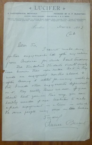 Item #38679 An original autograph letter, signed, on the letterhead of the occult journal Lucifer. 1892. Annie BESANT.