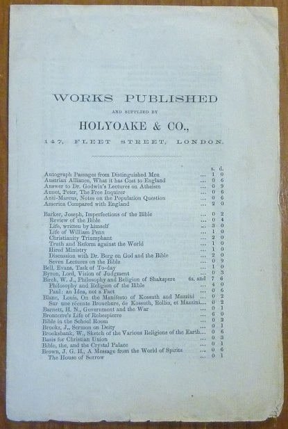 Item #44281 [ Publisher's Catalogue ] Works published and Supplied by Holyoake & Co. HOLYOAKE, Co.
