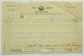 Item #45913 An Original Telegram Sent by Harris to Crowley, with a nine word manuscript...