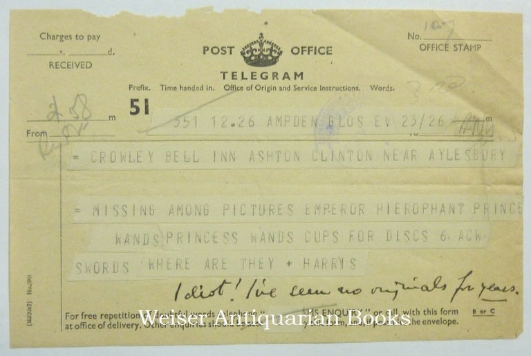 Item #45913 An Original Telegram Sent by Harris to Crowley, with a nine word manuscript annotation in Crowley's hand in the lower margin. Aleister CROWLEY, Frieda Harris Related materials, Lady Harris.