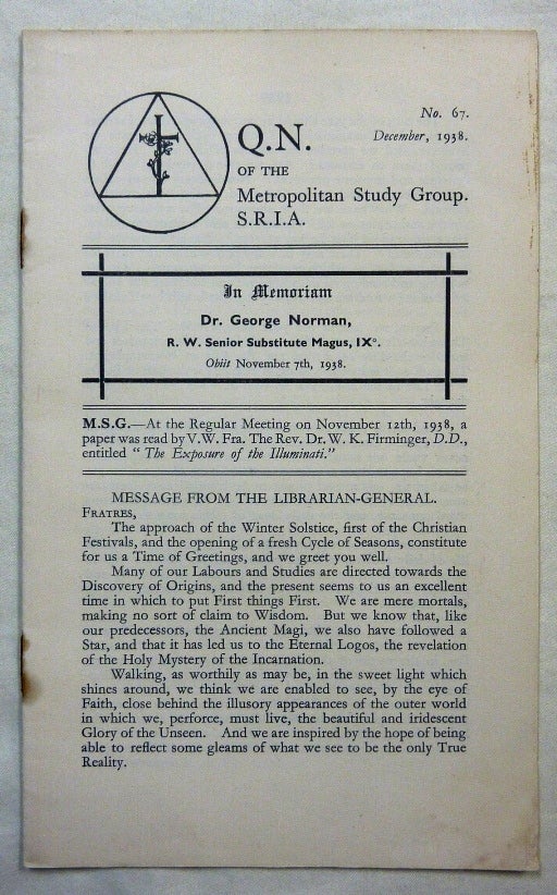 Item #49161 Q. N. of the Metropolitan Study Group, S. R. I. A., No.67, December, 1938. S R. I. A., Societas Rosicruciana in Anglia.