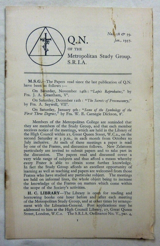 Item #49163 Q. N. of the Metropolitan Study Group, S. R. I. A., Nos. 58 & 59, Jan., 1937. S R. I. A., Societas Rosicruciana in Anglia.