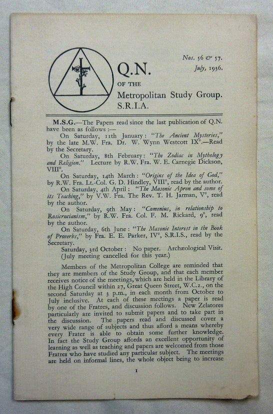 Item #49164 Q. N. of the Metropolitan Study Group, S. R. I. A., No. 56 & 57, July, 1936. S R. I. A., Societas Rosicruciana in Anglia.