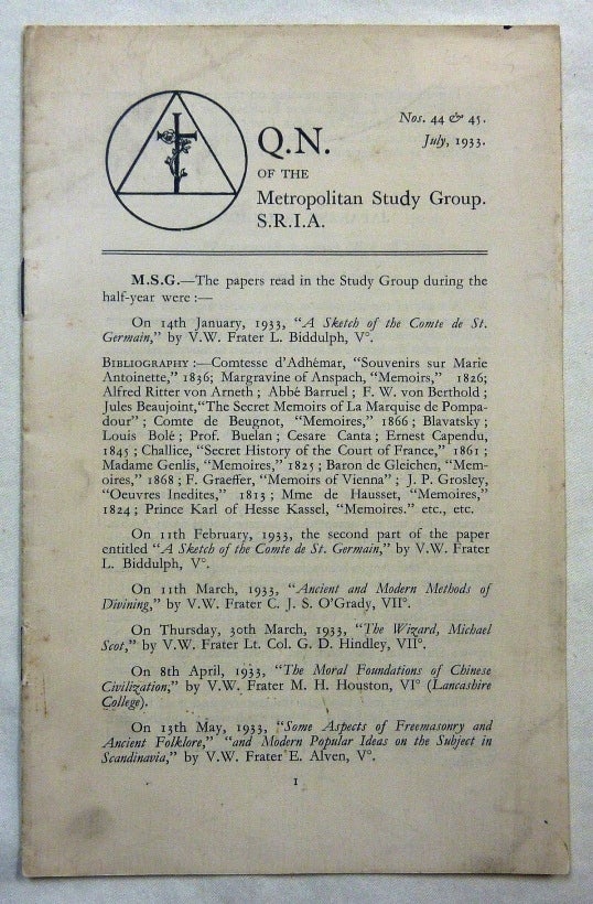 Item #49165 Q. N. of the Metropolitan Study Group, S. R. I. A., No. 44 & 45, July, 1933. S R. I. A., Societas Rosicruciana in Anglia.