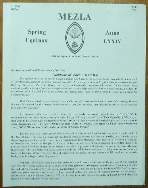 Item #56159 Mezla. Official Organ of the Ordo Templi Orientis. Vol. I, No. II. Spring Equinox 1978. J. R. with AYRES, contributors.