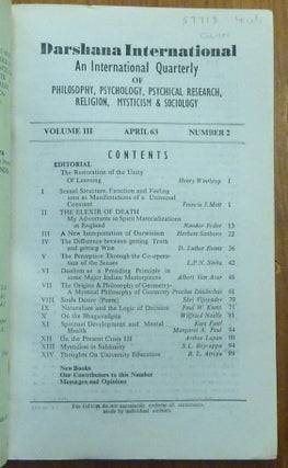 Darshana International, An International Quarterly of Philosophy, Psychology, Psychical Research, Religion, Mysticism, & Sociology, Vol. III Nos. 1 - 4, ( issues 9 -12).