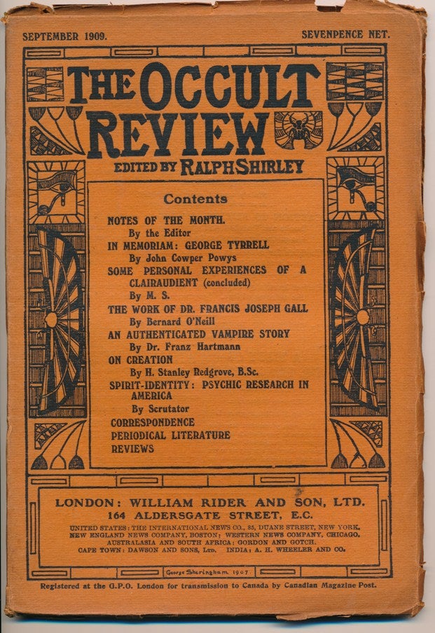 Item #57823 The Occult Review, Vol X, No. 3, September 1909 - Aleister Crowley contributes a letter to the editor. Aleister CROWLEY, John Cowper Powys, Franz Hartmann, Contributors. Ralph Shirley.