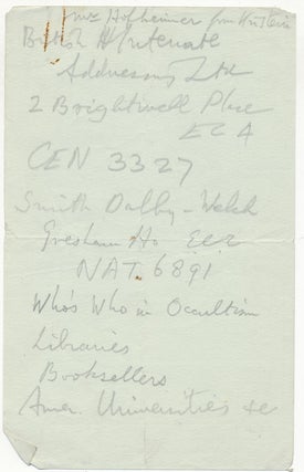 Item #58250 A piece of notepaper, with manuscript notes in pencil in Crowley's handwriting on...