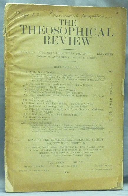 Item #58924 The Theosophical Review September 1906, Vol XXXIX. No 229. Florence - contributor FARR, Annie Besant, G. R. S. Mead.