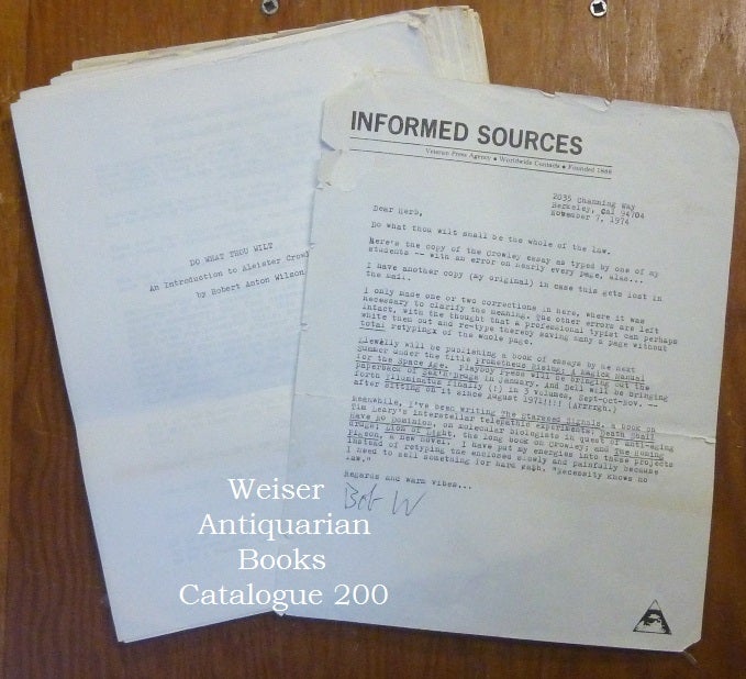 Item #59624 An Original Typescript: "Do What Thou Wilt. An Introduction to Aleister Crowley" along with a typed letter signed, by Wilson. Robert Anton WILSON.