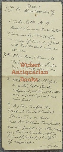 Item #60330 An amusing and revealing holograph list of errands which Crowley prepared for his disciple J. G. Bayley to undertake on his behalf. December 1 [1943]. Aleister - related material CROWLEY.