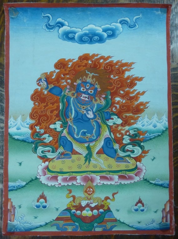Item #61059 A medium-sized hand-painted Tibetan painted scroll (thangka) depicting the Mahayana Buddhist deity Vajrapani in his wrathful role as a dharmapala (protector or defender of the dharma). Tibetan Art, Anonymous.