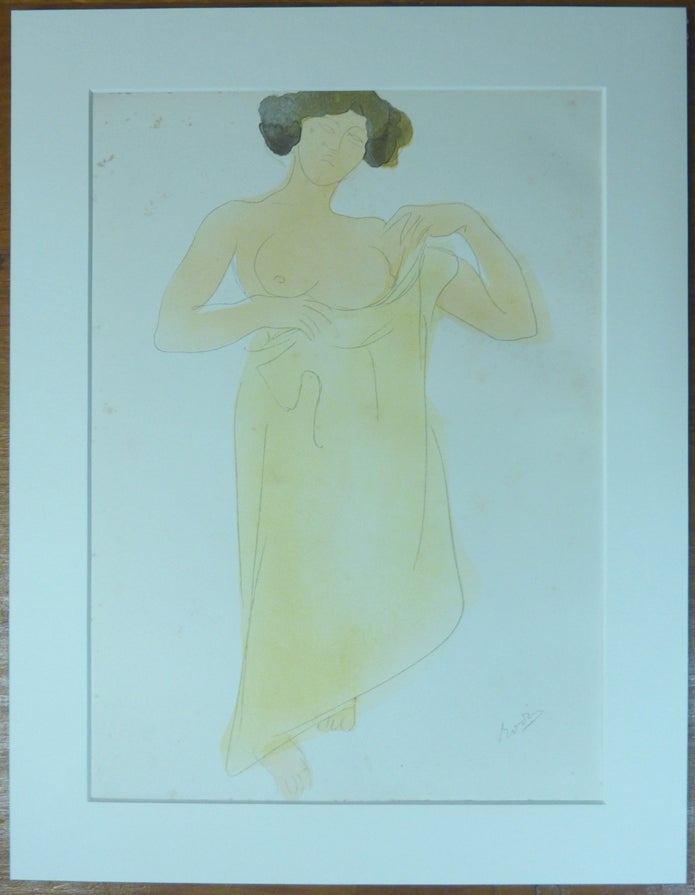 Item #61314 "La Cruche Cassée." An original chromolithograph print depicting a bare-breasted woman, holding a cloth in front of her lower torso and legs. From a water-colour washed sketch which Auguste Rodin presented to Aleister Crowley. As published in Crowley's "Rodin in Rime." Aleister: related material CROWLEY, August Rodin, Auguste Clot.