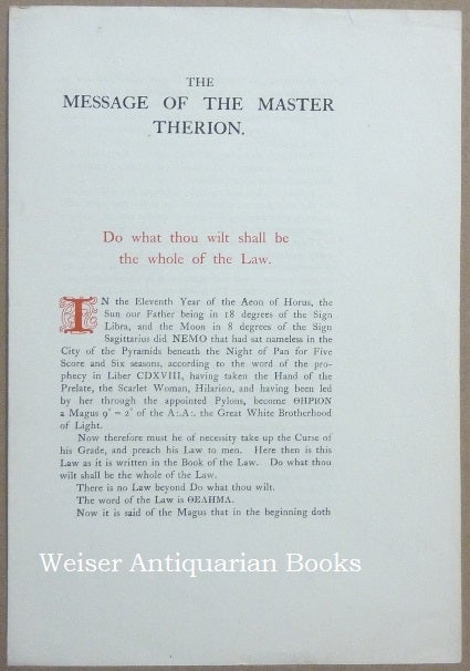 Item #61580 The Message of the Master Therion. Aleister CROWLEY.
