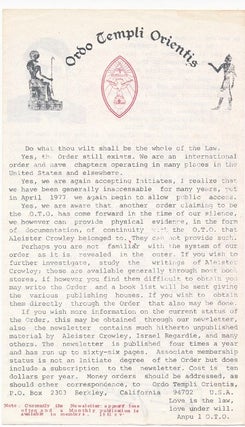 Item #62490 An untitled double-sided leaflet issued by the O.T.O. announcing that the Order was...