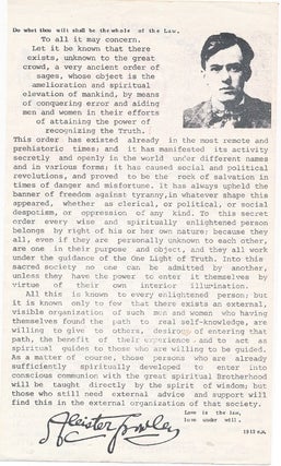 An untitled double-sided leaflet issued by the O.T.O. announcing that the Order was again accepting initiates.