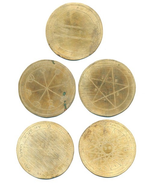 Item #63087 A set of five engraved metal discs "The Holy Pentacles or Medals" of Mercury, after designs in the Mathers edition of "The Key of Solomon the King" Anonymous.