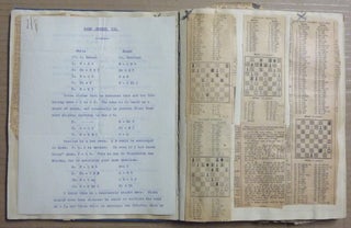 An original scrapbook or album assembled by Crowley on the subject of chess. The book contains manuscript records in Crowley's handwriting of games that he had played, a large number of newspaper clippings of chess games, typescripts recording the details of games played by Crowley, etc. All loosely inserted or pasted into a printer's dummy of the Subscriber's Edition of The Equinox of the Gods.