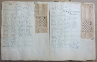 An original scrapbook or album assembled by Crowley on the subject of chess. The book contains manuscript records in Crowley's handwriting of games that he had played, a large number of newspaper clippings of chess games, typescripts recording the details of games played by Crowley, etc. All loosely inserted or pasted into a printer's dummy of the Subscriber's Edition of The Equinox of the Gods.
