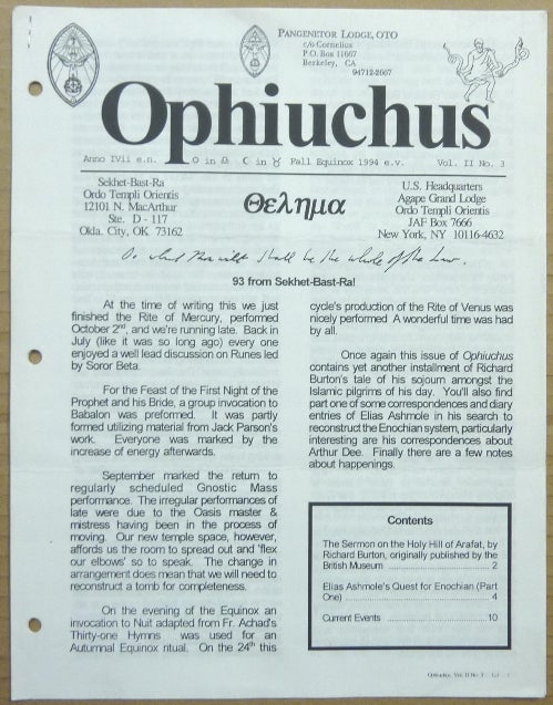 Item #63469 Ophiuchus, Volume II, No. 3. Fall Equinox, 1994. Soror Ixel BALAMKE, Frater Hunahpu, authors, Richard Burton Aleister Crowley, Elias Ashmole related.