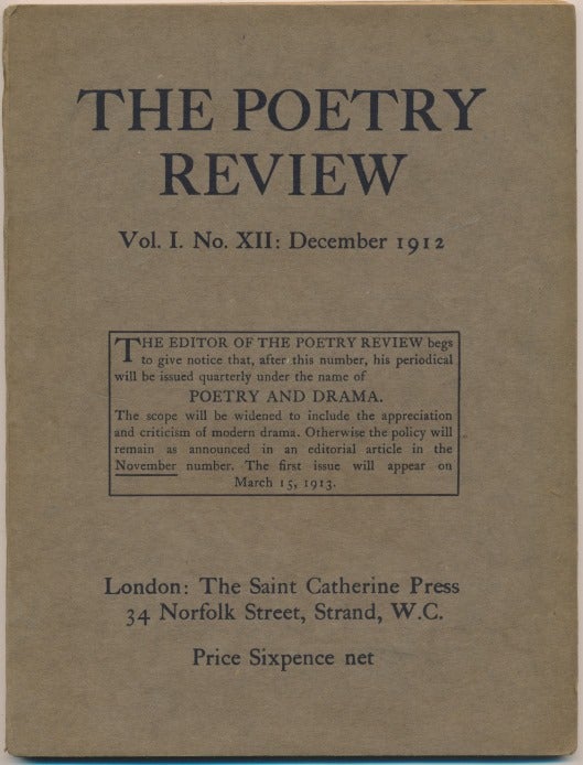Item #64384 Aleister Crowley contributes the poem "Villon's Apology (on Reading Tennyson's Essay)" to: The Poetry Review, Vol. I, No. XII, December 1912. Aleister: contributor CROWLEY, Harold Monro, G. K. Chesterton Walter de la Mare, contributors.
