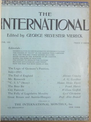 Four bound volumes containing 30 issues of 'The International: a Review of Two Worlds' covering 1915 through to the final issue of the journal in 1918, with extensive content by Aleister Crowley.