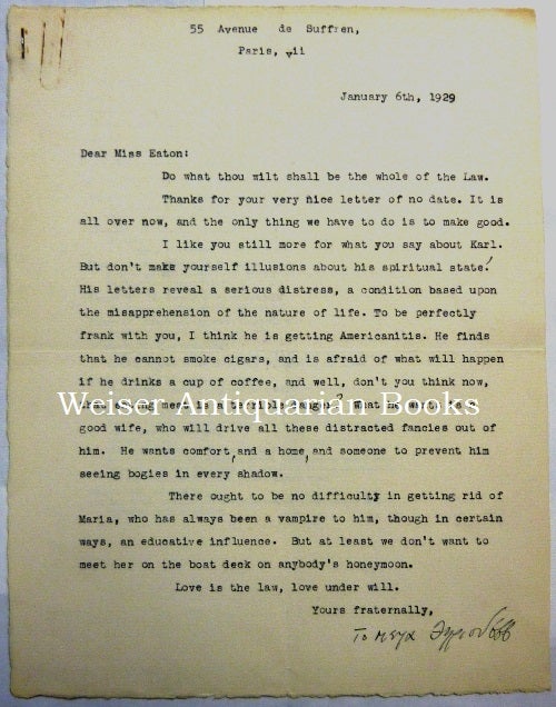 Item #66207 [Letter] A typed letter, signed "To Mega Therion [in Greek] 666", from Aleister Crowley to Cora Eaton, dated January 6, 1929. Stapled to it is a proof/sample sheet from "Magick in Theory in Practice" Aleister CROWLEY, Signed.
