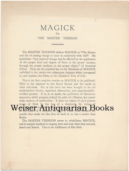 Item #66312 Original prospectus for Magick (also known as Magick in Theory and Practice, or Book Four / Book 4, Part III). Aleister CROWLEY, The Master Therion.