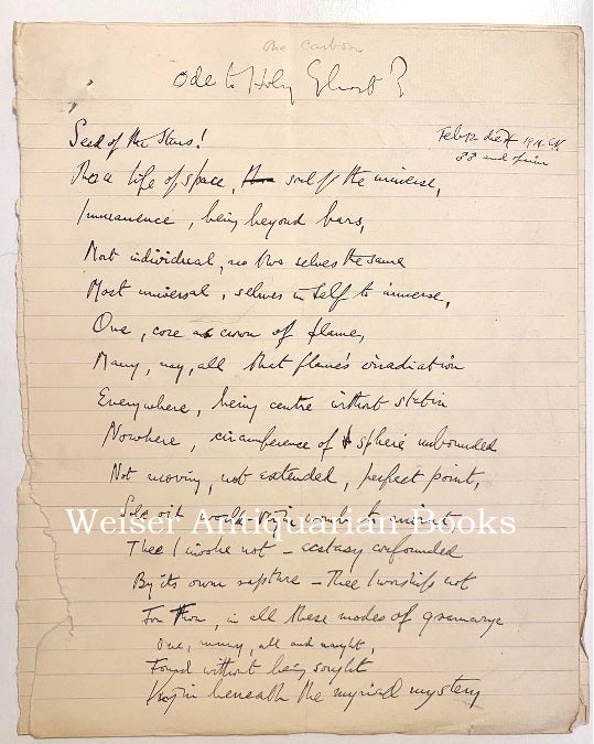 Item #66313 "Ode to Holy Ghost?" The original holograph manuscript, of an apparently unpublished poem, written under the influence of opium following a sex-magick ritual with Victor Neuburg on the final day of "the Paris Working" Aleister CROWLEY.
