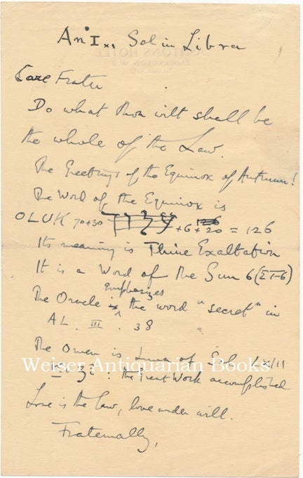 Item #66320 The original holograph draft announcement of the "Word of the Equinox" for September 1937. Aleister CROWLEY.