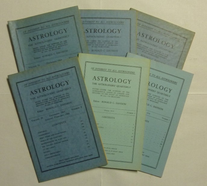 Item #66715 Astrology, The Astrologer's Quarterly. ( Six Issues ). Volume 38, No. 4. December 1964 - January, February 1965; Volume 39, No. 2. June, July, August 1965; Volume 39, No. 3. September, October, November 1965; Volume 39, No. 4. December 1965, January, February, 1966; Volume 47, No. 1, Spring, 1973; and Volume 48, No. 1. Spring 1974; Issued under the Auspices of the Auspices of the Astrological Lodge of London and Devoted to the Study of Astrology in All its Branches. Ronald C. - DAVISON, Jean Overton Fuller authors including: C. E. O. Carter, Jeff Mayo, Arthur Gauntlett among others, Aleister Crowley: related material.