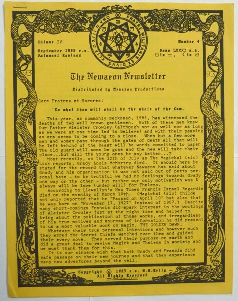 Item #66722 The Newaeon Newsletter, Volume IV, No. 4, September 1985. G. M. KELLY, Aleister Crowley: related works.