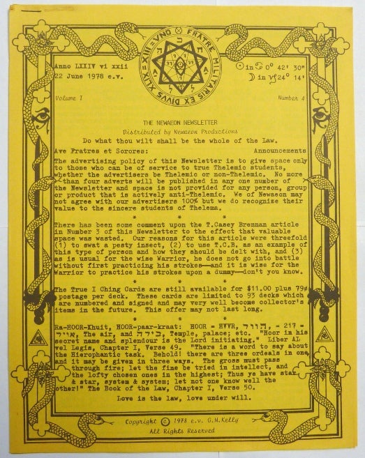 Item #66723 The Newaeon Newsletter, Volume I, No. 4. June, 1978. G. M. KELLY, Francis King related works Aleister Crowley.