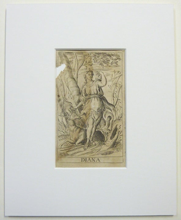 Item #66858 An original matted, illustration of the Goddess Diana from the 1678 edition of Robert Whitcombe's "Janua Divorum: or the Live and Histories of the Heathen Gods, Goddesses, & Demi-Gods" Robert WHITCOMBE.