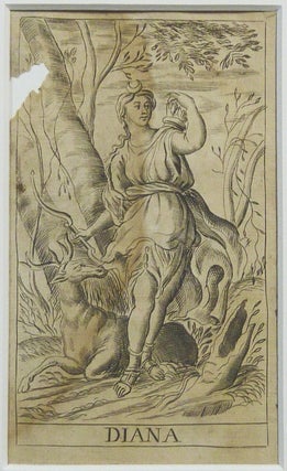 An original matted, illustration of the Goddess Diana from the 1678 edition of Robert Whitcombe's "Janua Divorum: or the Live and Histories of the Heathen Gods, Goddesses, & Demi-Gods"