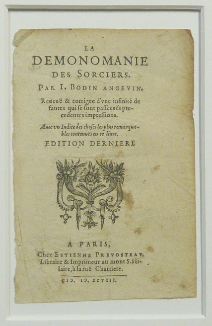 Item #66861 An original matted, title-page of "De la Demonomanie des Sorciers" [ Page de titre seule / Title Page Only ]. Jean BODIN, I. Bodin Angevin.