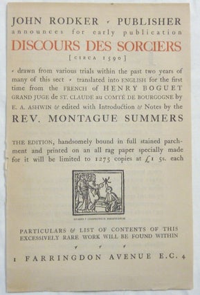 Item #67040 Publisher's Prospectus [only] for the Rodker / Summers edition of "Discours des...