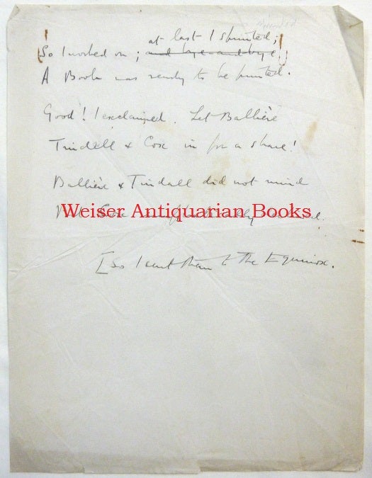 Item #67531 The original holograph manuscript of an untitled and apparently unpublished short humorous poem. Aleister CROWLEY.