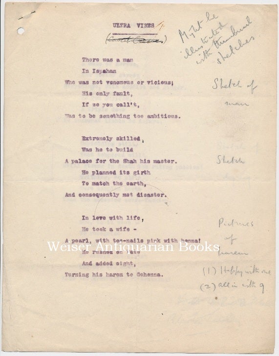 Item #67532 "Ultra Vires" An early 2-page typescript of a humorous poem, with various pencilled manuscript notes in Crowley's handwriting, and signed by him at the end in ink. Aleister CROWLEY.