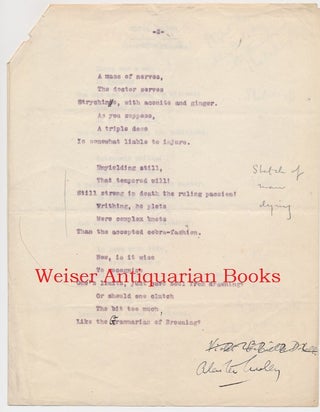 "Ultra Vires" An early 2-page typescript of a humorous poem, with various pencilled manuscript notes in Crowley's handwriting, and signed by him at the end in ink.