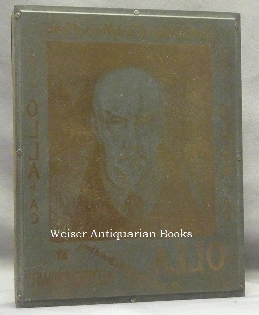 Item #67658 The Original Engraved Metal Printing Plate Used for the Front Panel of the Dust Jacket of Crowley's final book, "Olla, An Anthology." It comprise a portrait of Crowley by Frieda Lady Harris, Surrounded by Titling (the lettering is of course reversed). Aleister - related material CROWLEY, Frieda Lady Harris.