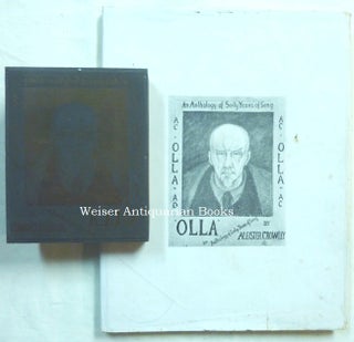 The Original Engraved Metal Printing Plate Used for the Front Panel of the Dust Jacket of Crowley's final book, "Olla, An Anthology." It comprise a portrait of Crowley by Frieda Lady Harris, Surrounded by Titling (the lettering is of course reversed).